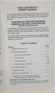 1978 Chevrolet Impala Caprice Owners Operators Manual Original