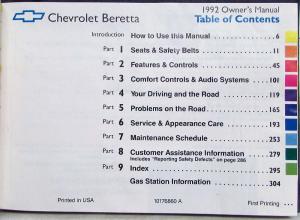1992 Chevrolet Beretta Owners Manual with Extras