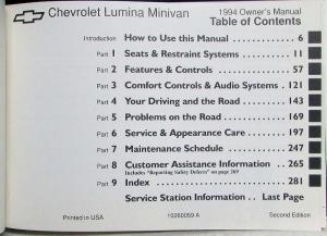 1994 Chevrolet Lumina Minivan Owners Manual with Extras