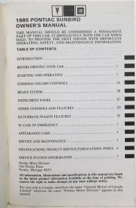 1985 Pontiac Sunbird Owners Manual