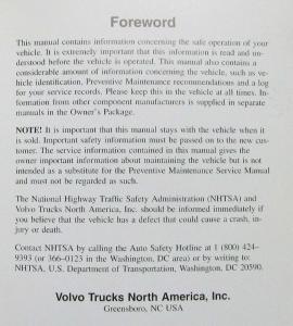 2001 Volvo WX WG AC VN Operators Manual Maintenance and Engine