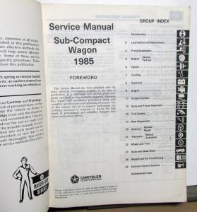 1985 Dodge Plymouth Colt Vista Service Shop Repair Manual Sub-Compact Wagon