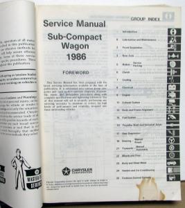 1986 Dodge Plymouth Colt Vista Service Shop Repair Manual Sub-Compact Wagon