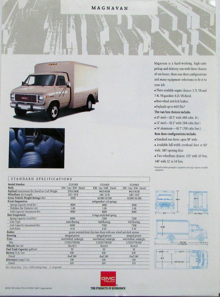 1993 GMC Magnavan Vandura 3500 HD Trucks Sales Data Sheet Original