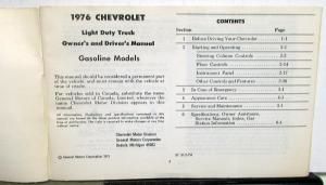 1976 Chevrolet Light Duty Pickup Truck Gas Owners Manual Suburban Blazer