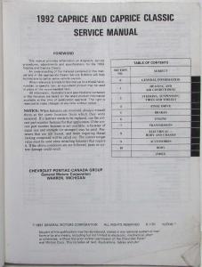 1992 Chevrolet Caprice Sedan/Wagon Service Shop Repair Manual