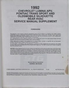 1992 Chevy Lumina APV Pontiac Trans Sport & Olds Silhouette Rear HVAC Supplement