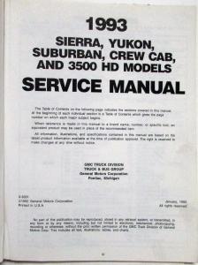 1993 GMC Sierra Yukon Suburban Crew Cab and 3500 HD Service Shop Repair Manual