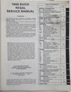 1988 Buick Regal Service Shop Repair Manual