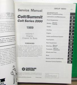 1989 Dodge Plymouth Colt & Eagle Summit Dealer Service Shop Repair Manual Set