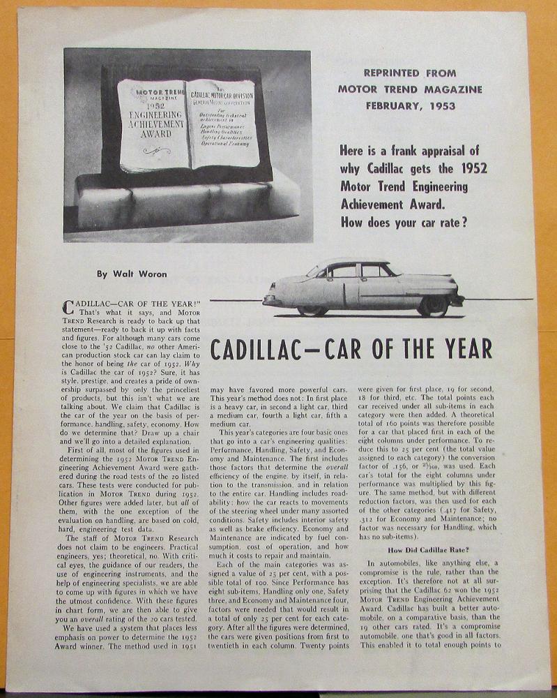 1952 Cadillac 62 Motor Trend Car of the Year Article Feb 1953 Sales Folder
