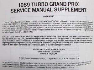 1989 Pontiac Turbo Grand Prix Service Shop Repair Manual Supplement