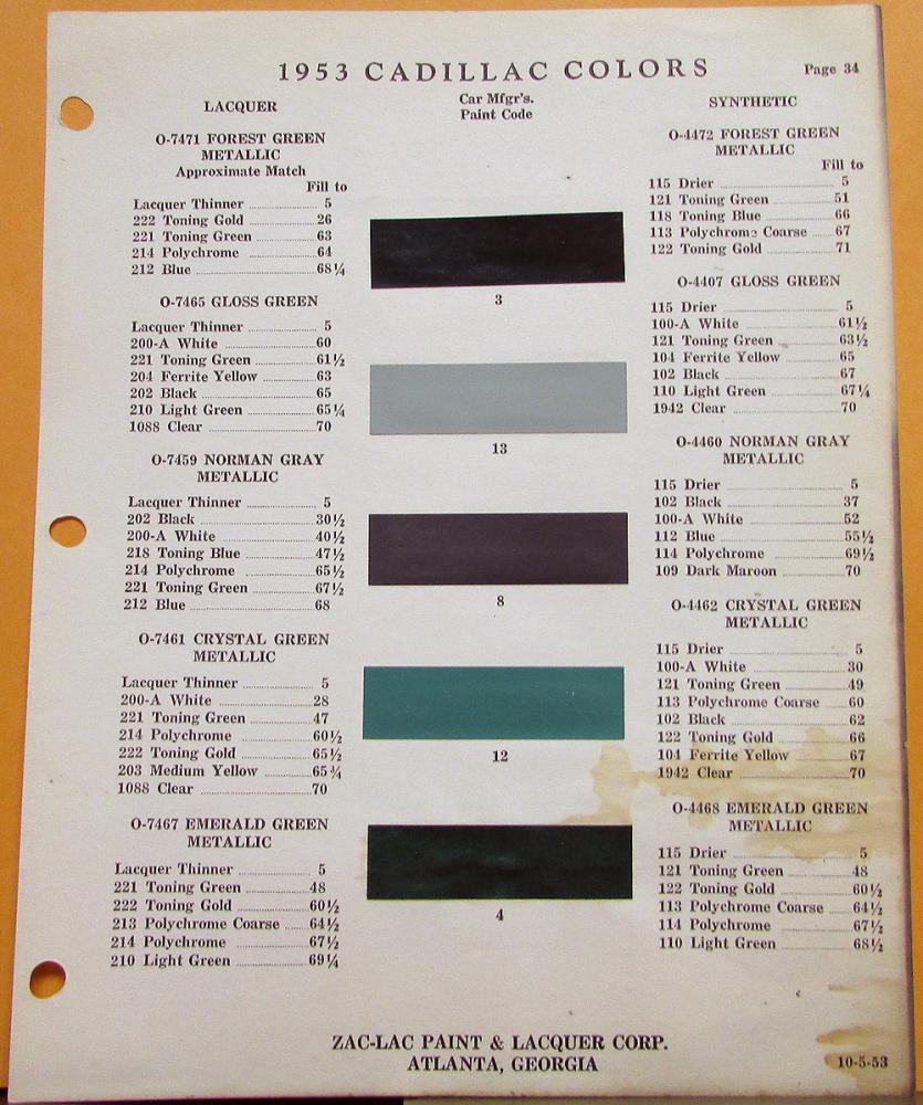 1953 Cadillac Color Paint Chips Zac-Lac Paint Sheet Dated Oct 5 1953 Original