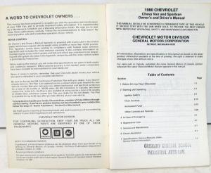1980 Chevrolet Van Sportvan Owners Drivers Manual Passenger and Cargo G Series