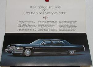1974 Cadillac Limousine Nine Passenger Sedan Sales Brochure Original