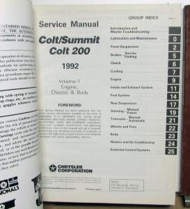 1992 Dodge Plymouth Colt & 200 Eagle Summit Service Shop Repair Manual 2 Vol Set