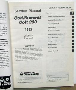 1992 Dodge Plymouth Colt & 200 Eagle Summit Service Shop Repair Manual 2 Vol Set