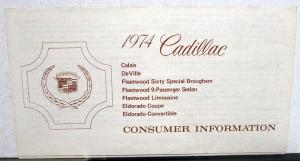 1974 Cadillac Calais DeVille Fleetwoood Eldorado Consumer Info Sheet Original