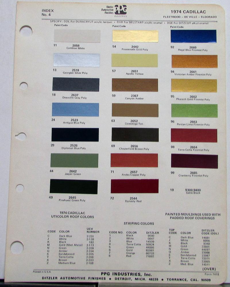 1974 Cadillac Fleetwood DeVille Eldorado PPG Ditzler Paint Chips Color Page Orig