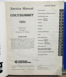 1993 Dodge Plymouth Colt & Eagle Summit Service Shop Repair Manual 2 Vol Set