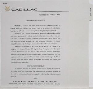 1993 Cadillac Media Information Press Kit - Allante DeVille 60S Seville Eldorado