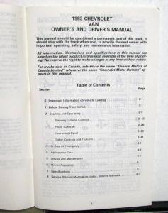 1983 Chevrolet Van Owners and Drivers Manual Passenger and Cargo G Series