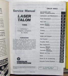 1994 Plymouth Laser & Eagle Talon Dealer Service Shop Repair Manual 2 Vol Set