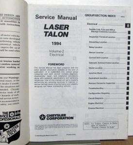 1994 Plymouth Laser & Eagle Talon Dealer Service Shop Repair Manual 2 Vol Set