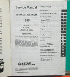 1995 Chrysler Sebring & Dodge Avenger Service Shop Repair Manual 3 Volume Set