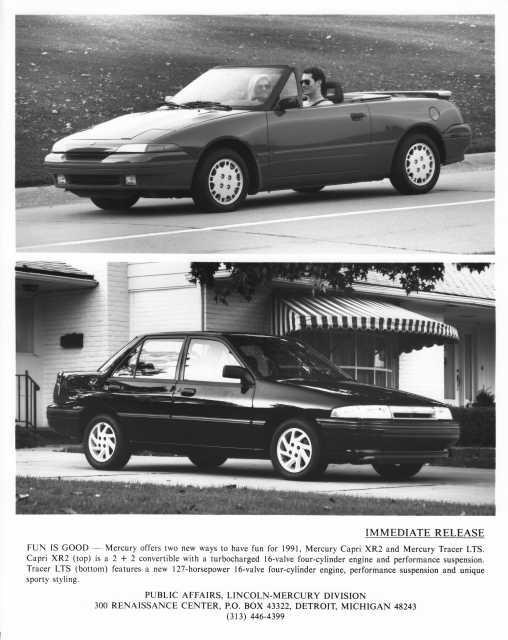 1991 Mercury Capri XR2 and Tracer LTS Press Photo 0144