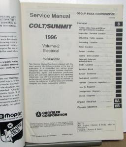 1996 Dodge Plymouth Colt & Eagle Summit Service Shop Repair Manual 2 Vol Set