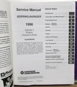 1996 Chrysler Sebring & Dodge Avenger Service Shop Repair Manual 2 Volume Set