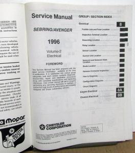 1996 Chrysler Sebring & Dodge Avenger Service Shop Repair Manual 2 Volume Set