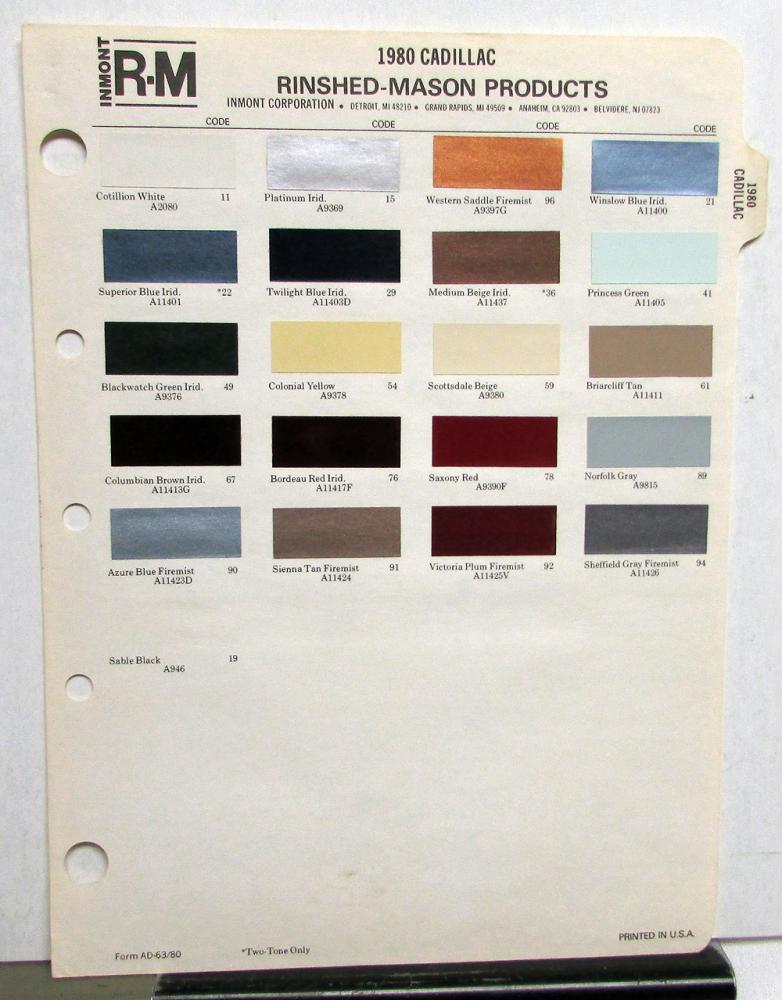 1980 Cadillac Color Chips by RM Paint Chip Samples Leaflet