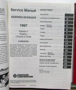 1997 Chrysler Sebring & Dodge Avenger Service Shop Repair Manual 2 Volume Set