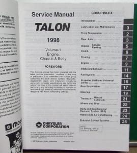 1998 Eagle Talon Dealer Service Shop Repair Manual 2 Volume Set Original