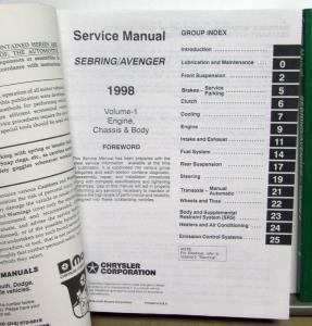 1998 Chrysler Sebring & Dodge Avenger Service Shop Repair Manual 2 Volume Set