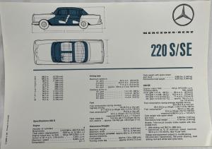 1964 Mercedes-Benz Model 220 S/SE Sales Folder Brochure with Data Sheet