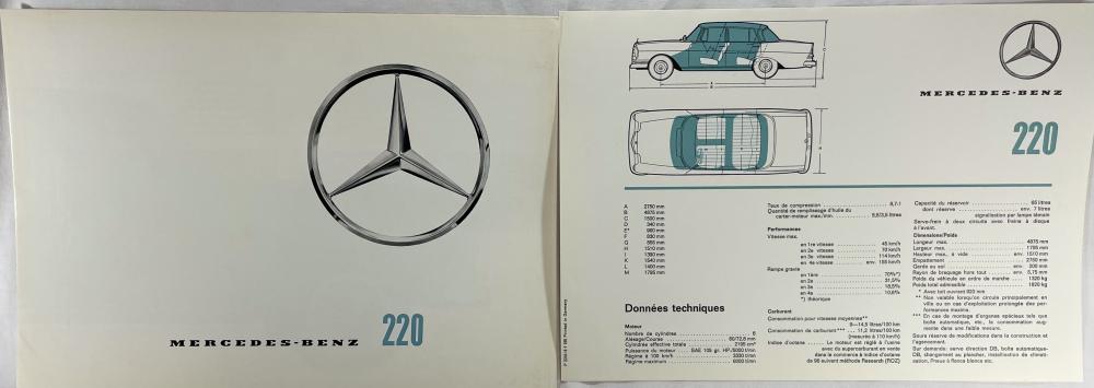 1965 Mercedes-Benz Model 220 Sales Folder Brochure with Data Sheet - French