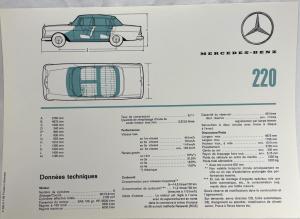 1965 Mercedes-Benz Model 220 Sales Folder Brochure with Data Sheet - French