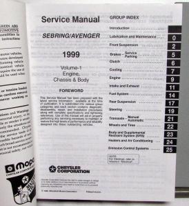 1999 Chrysler Sebring & Dodge Avenger Service Shop Repair Manual 2 Volume Set