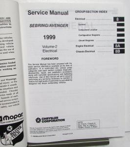 1999 Chrysler Sebring & Dodge Avenger Service Shop Repair Manual 2 Volume Set