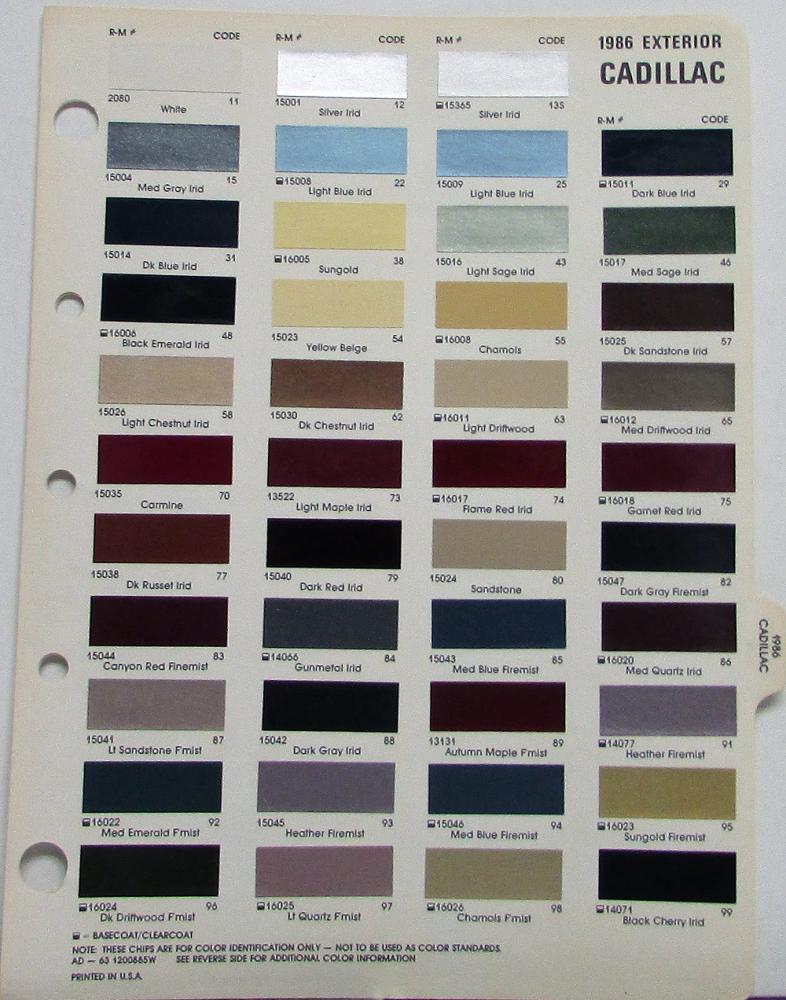 1986 Cadillac Exterior Color Paint Chips & Info Stripes & Vinyl Molding Sheet