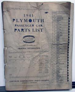 1941 Plymouth Dealer Parts List Book Catalog Original P11 P12 Car Models