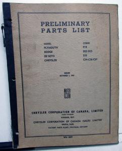 1942 Canadian Chrysler Plymouth Dodge DeSoto Dealer Parts List Book Prelim Orig