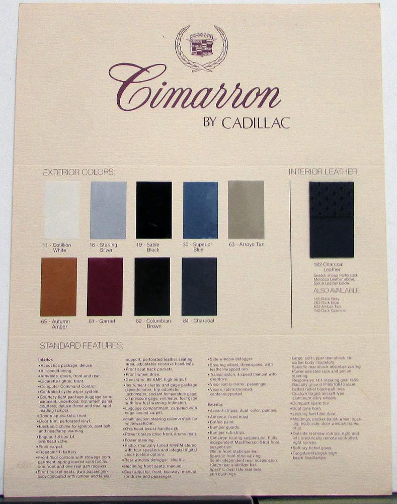 1982 1883 1984 1985 Cadillac Cimarron Color Paint Chips Features Sales Brochure