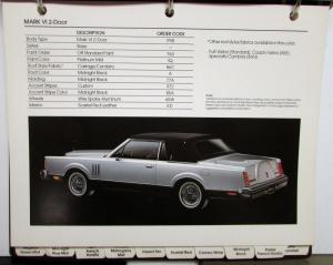 1983 Lincoln Mark VI Color Selector Ordering Codes Roof Combinations