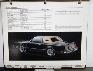 1983 Lincoln Mark VI Color Selector Ordering Codes Roof Combinations
