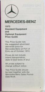 1975 Mercedes-Benz Standard Equipment and Optional Equipment Price Guide