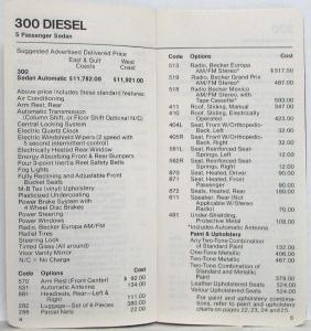 1975 Mercedes-Benz Standard Equipment and Optional Equipment Price Guide